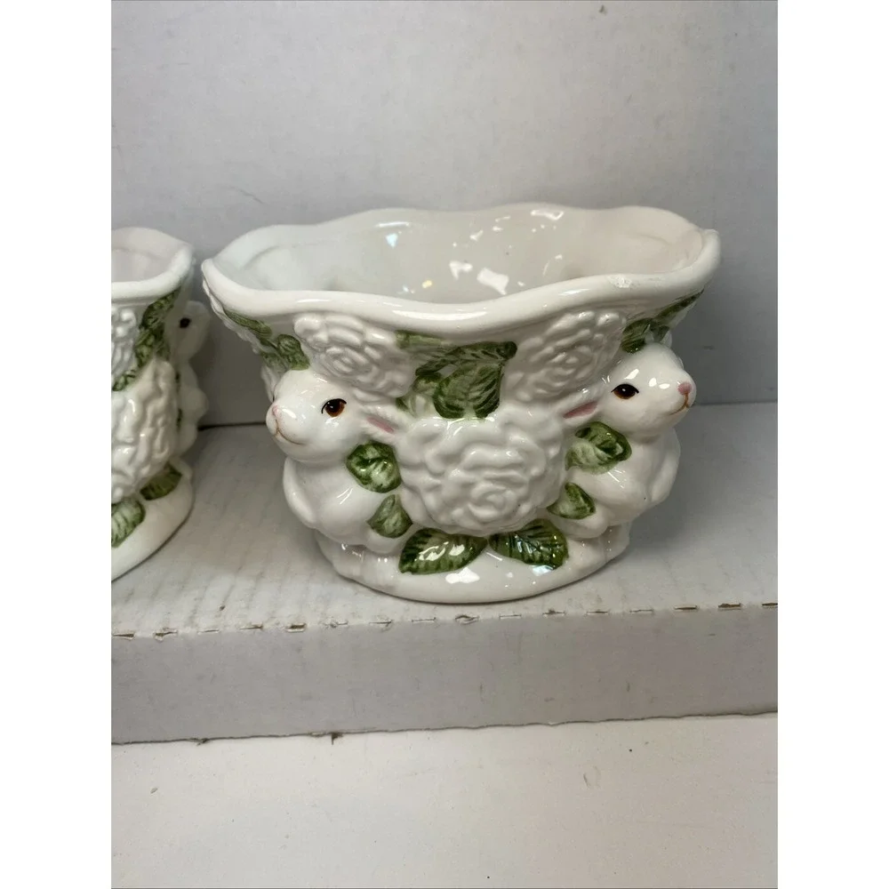 Vintage Caffco Easter Rabbit Planter with White Roses and Green Leaves ~Set Of 2